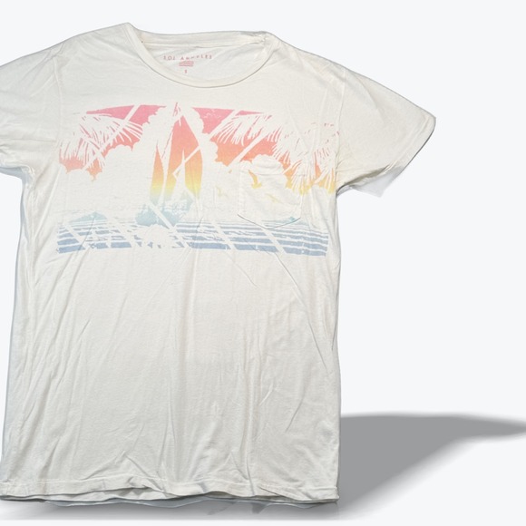 Sol Angeles Tops - Sol Angeles Pocket Tee White Sunset Surf Palm Tree Graphic Womens T Shirt Small